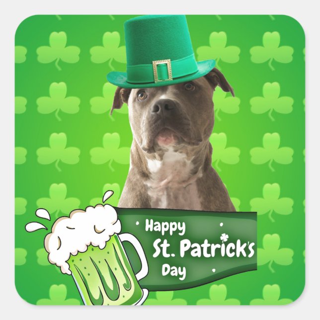 Niedlicher Pit Bull Dog Hat St. Patrick's Day w Cl Quadratischer Aufkleber (Vorderseite)