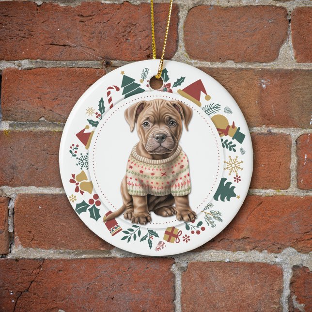 Niedlicher Pit Bull Terrier im Winter Sweater Weih Keramik Ornament (Von Creator hochgeladen)