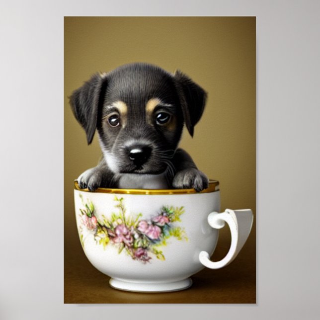 Niedlicher Pit Bull Terrier Welpe in einem Teacup  Poster (Vorne)
