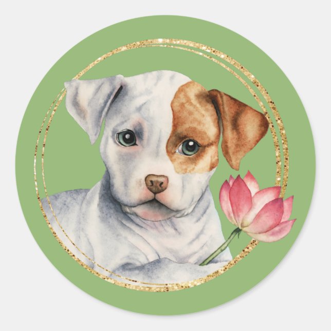 Niedlicher Pit Bull Welpe mit Spring Blume Runder Aufkleber (Vorderseite)