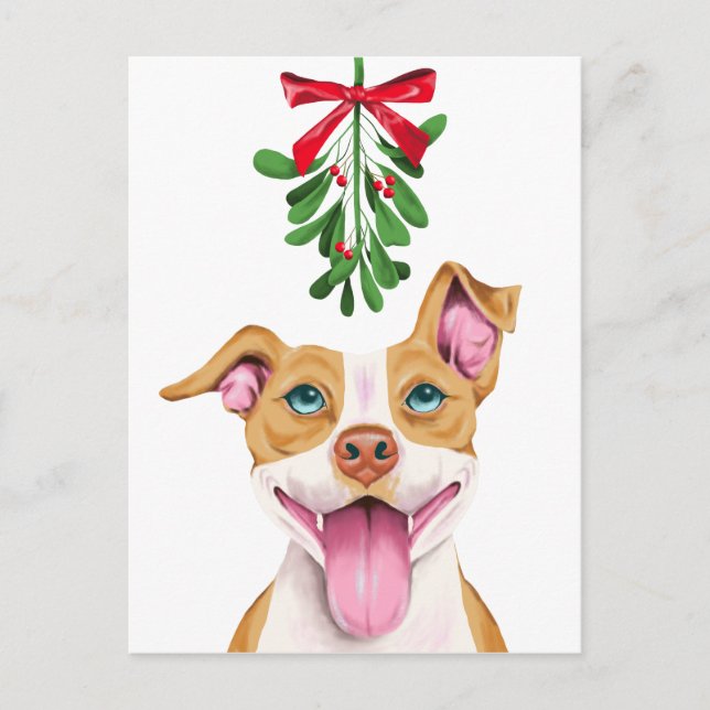 Niedlicher Pitbull Dog und Mistletoweihnachtsfest Feiertagspostkarte (Vorderseite)