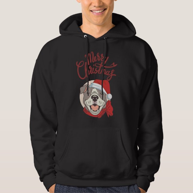 Niedlicher Pitbull mit rotem Band und Weihnachtsma Hoodie (Vorderseite)