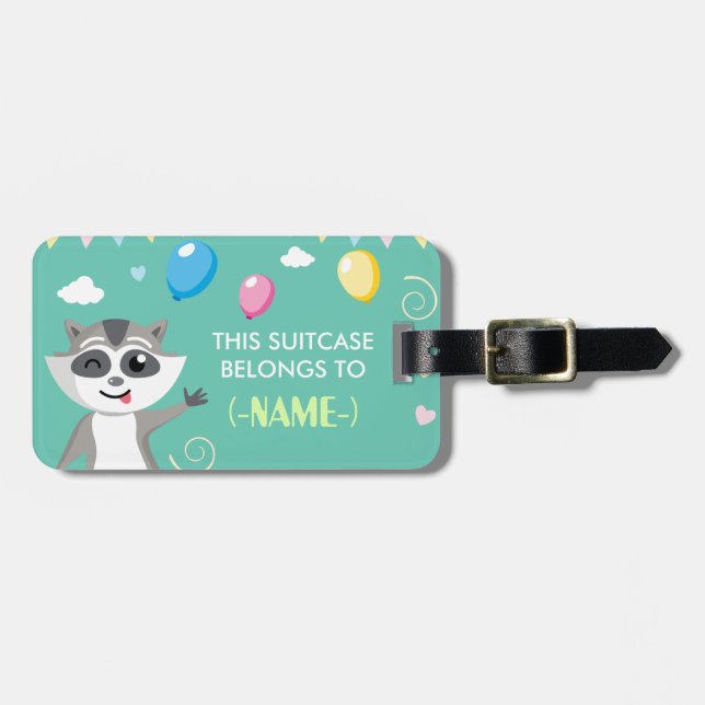 Niedlicher playful lustiger Raccoon mit Ballonen Gepäckanhänger (Vorderseite horizontal)
