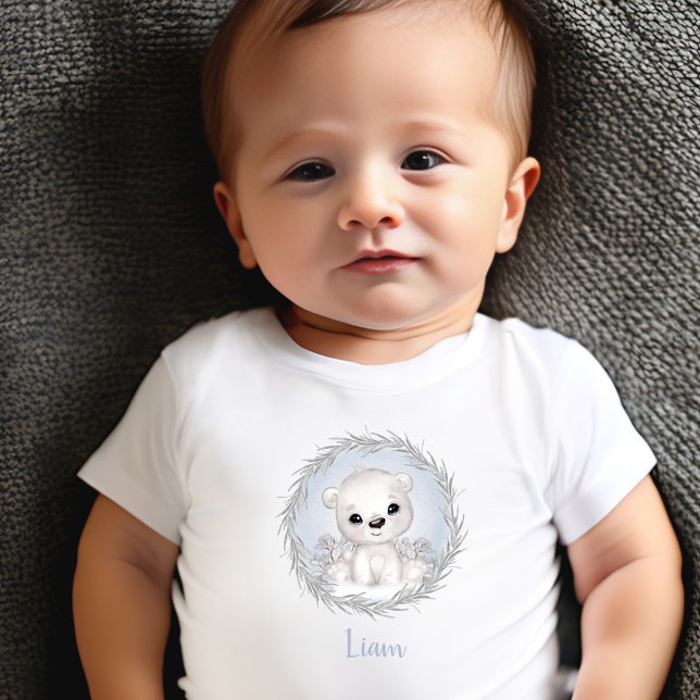 Niedlicher Polar Bär Blauer Name Winterjunge Baby  Baby T-shirt (Cute Polar Bear Blue Winter Boy Baby T-shirt)