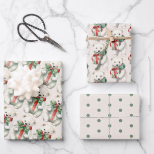 Niedlicher Polar Bär Wasserfarbe Grün/Weiß Geschenkpapier Set