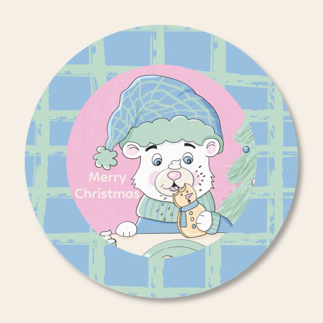 Niedlicher Polar Bären-Cube mit Cookie Weihnachtsk Runder Aufkleber (Cute polar bear cub nibbling on a home baked cookie Christmas round sticker .)