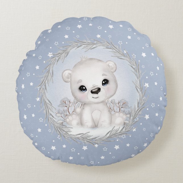 Niedlicher Polar Bear Baby Boy Blue Round Pillow Rundes Kissen (Vorderseite)