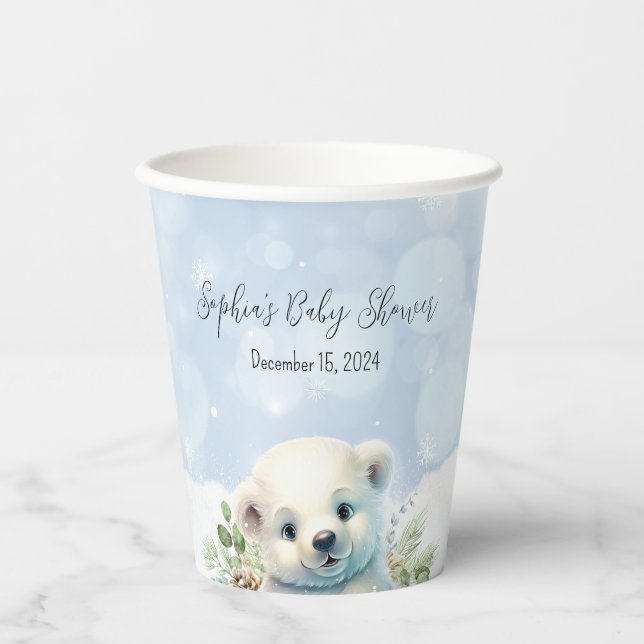 Niedlicher Polar Bear Blue Winter Baby Dusche Pappbecher (Vorderseite)