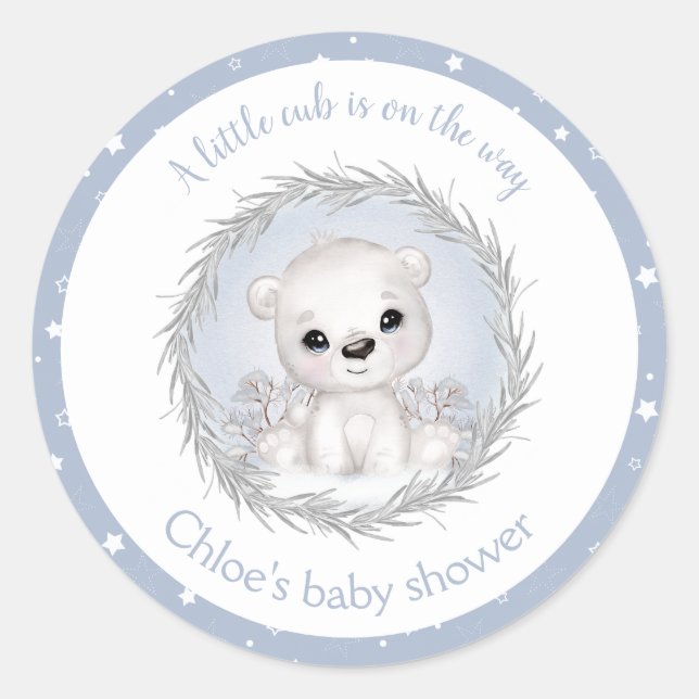 Niedlicher Polar Bear Blue Winter Boy Babydusche Runder Aufkleber (Vorderseite)