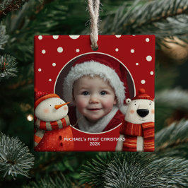 Niedlicher Polar Bear Red First Christmas Baby Fot Keramikornament