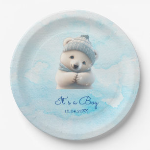 Niedlicher Polar Bear Winter Blue Baby Dusche sein Pappteller