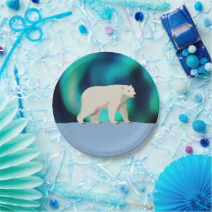 Niedlicher Polarbär und Nordlichter Pappteller