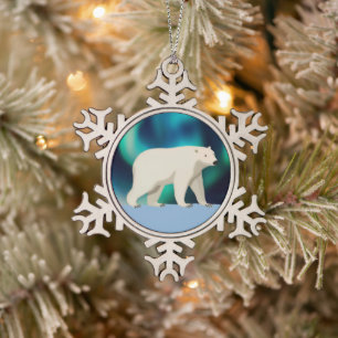 Niedlicher Polarbär und Nordlichter Schneeflocken Zinn-Ornament