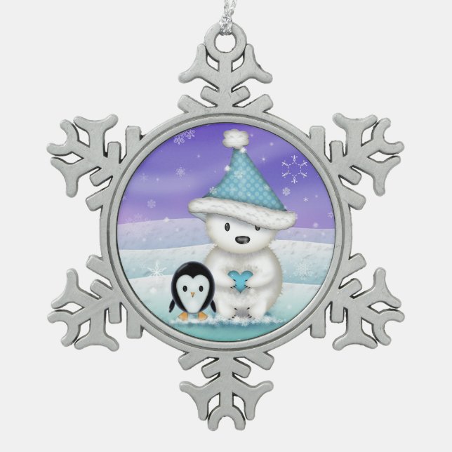 Niedlicher Polarbär und Pinguin Schneeflocken Zinn-Ornament (Vorderseite)