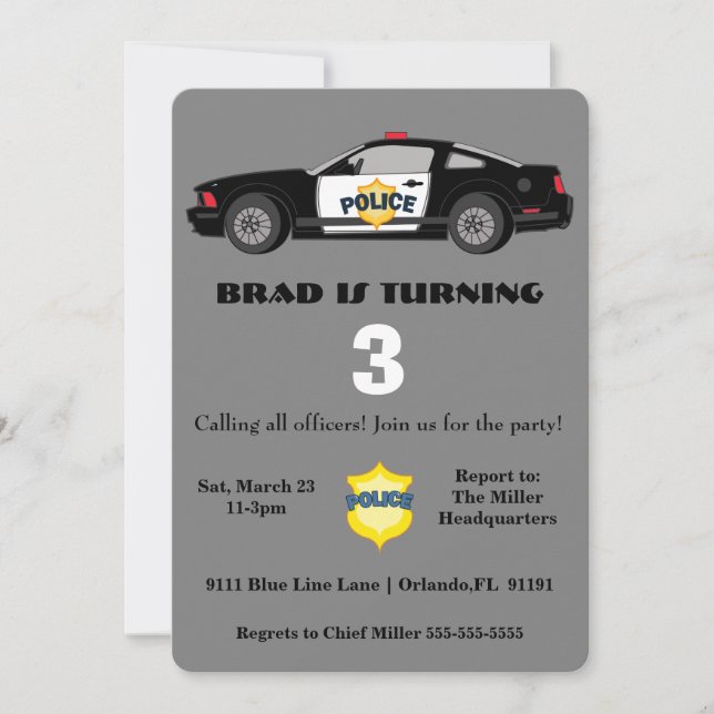 Niedlicher Polizeiwagen Einladung zum Geburtstag (Vorderseite)