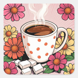 Niedlicher Polka Dot Kaffee Cup und Blume Quadratischer Aufkleber