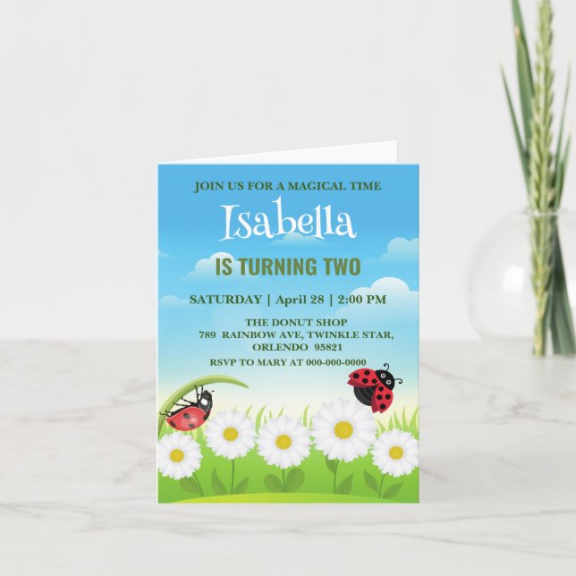 Niedlicher Polka dot Ladybug Daisy Blume Geburtsta Einladung (Vorderseite)