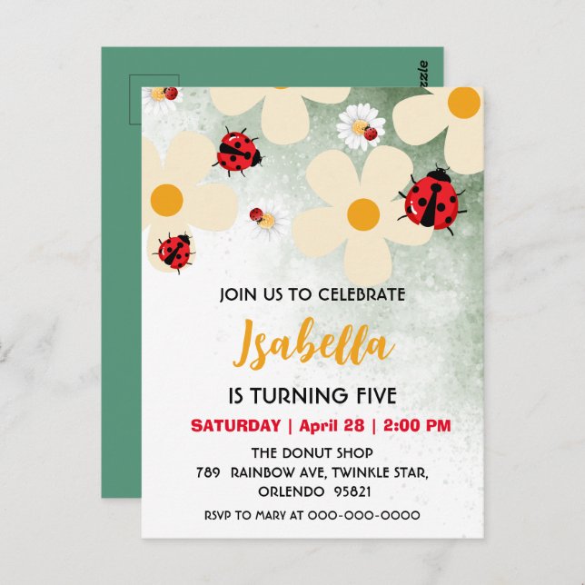 Niedlicher Polka dot Ladybug Daisy Blume Geburtsta Postkarte (Vorne/Hinten)