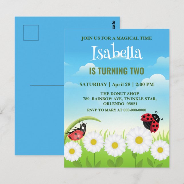 Niedlicher Polka dot Ladybug Daisy Blume Geburtsta Postkarte (Vorne/Hinten)
