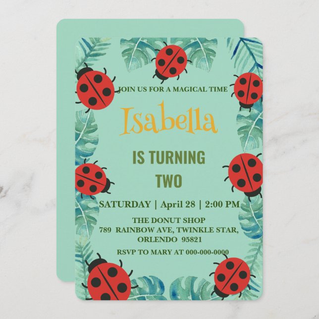 Niedlicher Polka dot Ladybug Jungle Verließ Geburt Einladung (Vorne/Hinten)