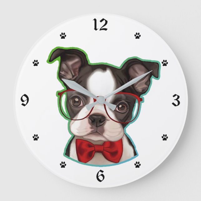 Niedlicher Pop Art Hipster Boston Terrier Dog Große Wanduhr (Vorderseite)