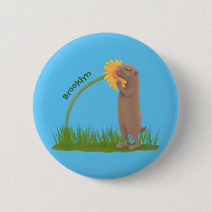 Niedlicher Präriehund schnüffelt Blume Cartoon Button