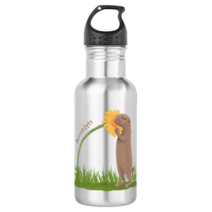 Niedlicher Präriehund schnüffelt Blume Cartoon Edelstahlflasche