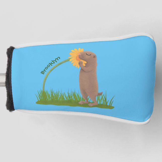 Niedlicher Präriehund schnüffelt Blume Cartoon Golf Headcover (Vorderseite)