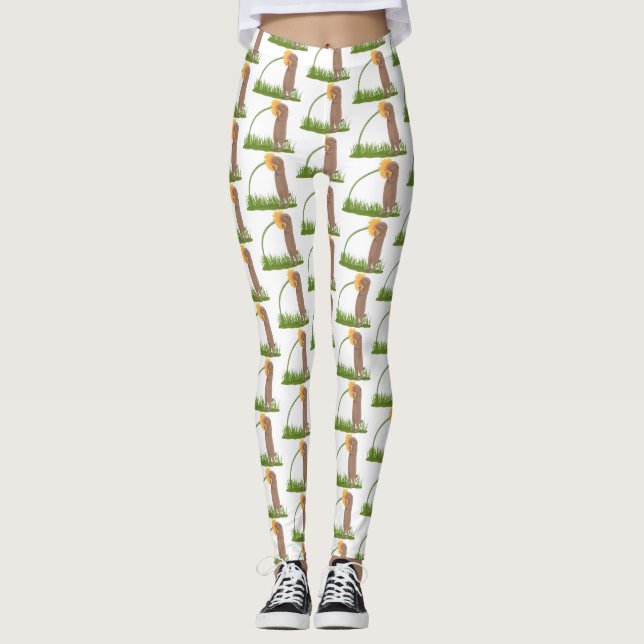 Niedlicher Präriehund schnüffelt Blume Cartoon Leggings (Vorderseite)