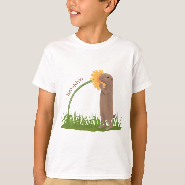 Niedlicher Präriehund schnüffelt Blume Cartoon T-Shirt (Vorderseite)