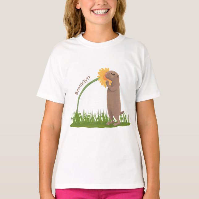Niedlicher Präriehund schnüffelt Blume Cartoon T-Shirt (Vorderseite)