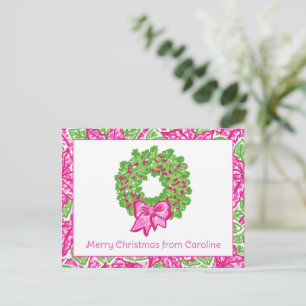 Niedlicher Preppy-Weihnachten - Rosa und grüner Kr Feiertagspostkarte