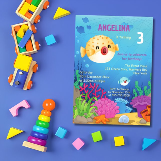 Niedlicher Puffer Fisch Blauer Ozean Geburtstag Einladung (Von Creator hochgeladen)