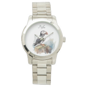 Niedlicher Puffin auf einem Felsen in Aquarell Armbanduhr