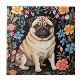Niedlicher Pug Elegante Farbige Blumendekoration Fliese