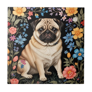 Niedlicher Pug Elegante Farbige Blumendekoration Fliese