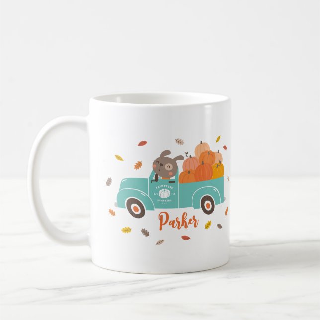 Niedlicher Pumpkin-Patchtruck mit Hund Kaffeetasse (Links)