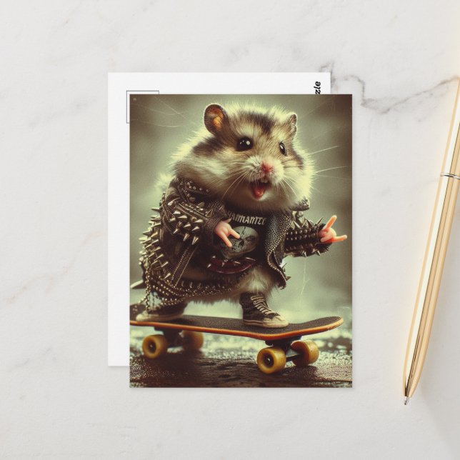 Niedlicher Punk-Spikes-Jacket-Skateboard-Hamster Postkarte (Vorderseite/Rückseite Beispiel)