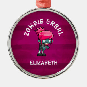 Niedlicher Punkfelsen-Zombie Grrrl personalisiert Silbernes Ornament