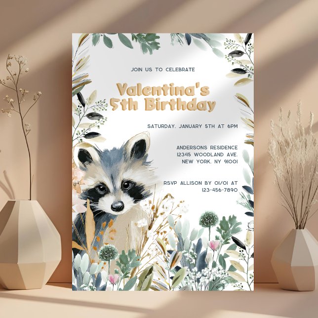 Niedlicher Raccoon Birthday Woodland Watercolor Na Einladung (Von Creator hochgeladen)