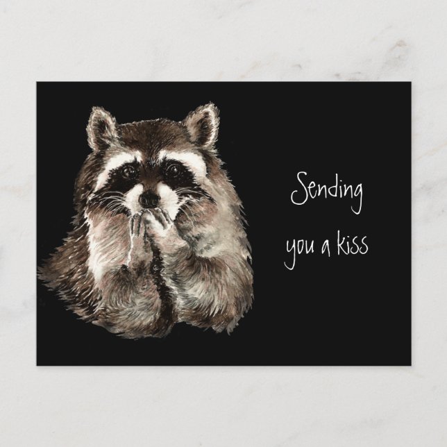 Niedlicher Raccoon, der Küsse bläst und einen Kiss Postkarte (Vorderseite)