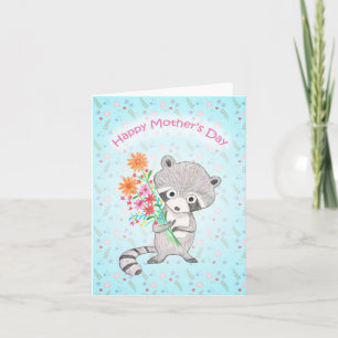 Niedlicher Raccoon Holding Blume Adorable Mütter T Karte