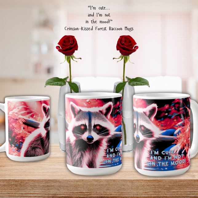 Niedlicher Raccoon im Roten Wald durch Stream 15 o Kaffeetasse ("I'm cute... and I'm not in the mood!" adorable forest raccoon highlighted in vibrant red coffee mug)