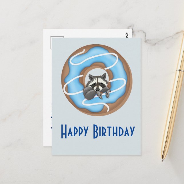 Niedlicher Raccoon mit Sweet Donut Happy Birthday  Postkarte (Vorderseite/Rückseite Beispiel)