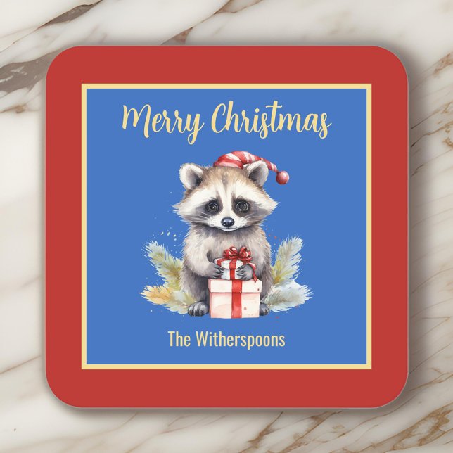 Niedlicher Raccoon mit Weihnachtsmannmütze Frohe W Rechteckiger Pappuntersetzer (Von Creator hochgeladen)