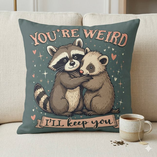 Niedlicher Raccoon und der Umarmung von Freunden Kissen (Cute Raccoon and Ferret Hug with Funny Quote Throw Pillow Mockup A)