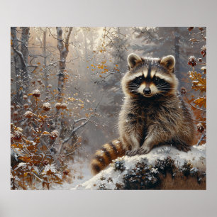 Niedlicher Raccoon während der Winterölmalerei Poster