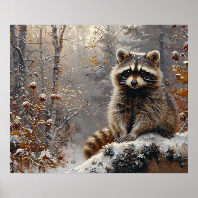Niedlicher Raccoon während der Winterölmalerei Poster (Vorne)