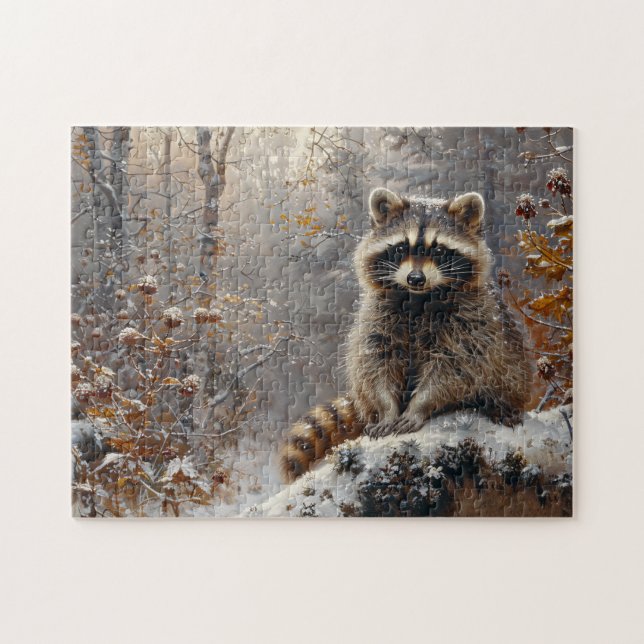 Niedlicher Raccoon während der Winterölmalerei Puzzle (Horizontal)