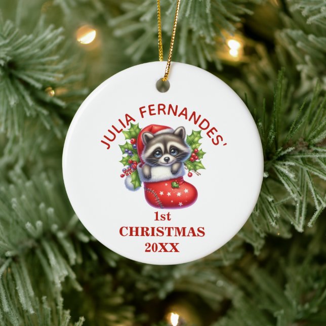 Niedlicher Racoon Erste Weihnachten Personalisiert Keramik Ornament (Baum)